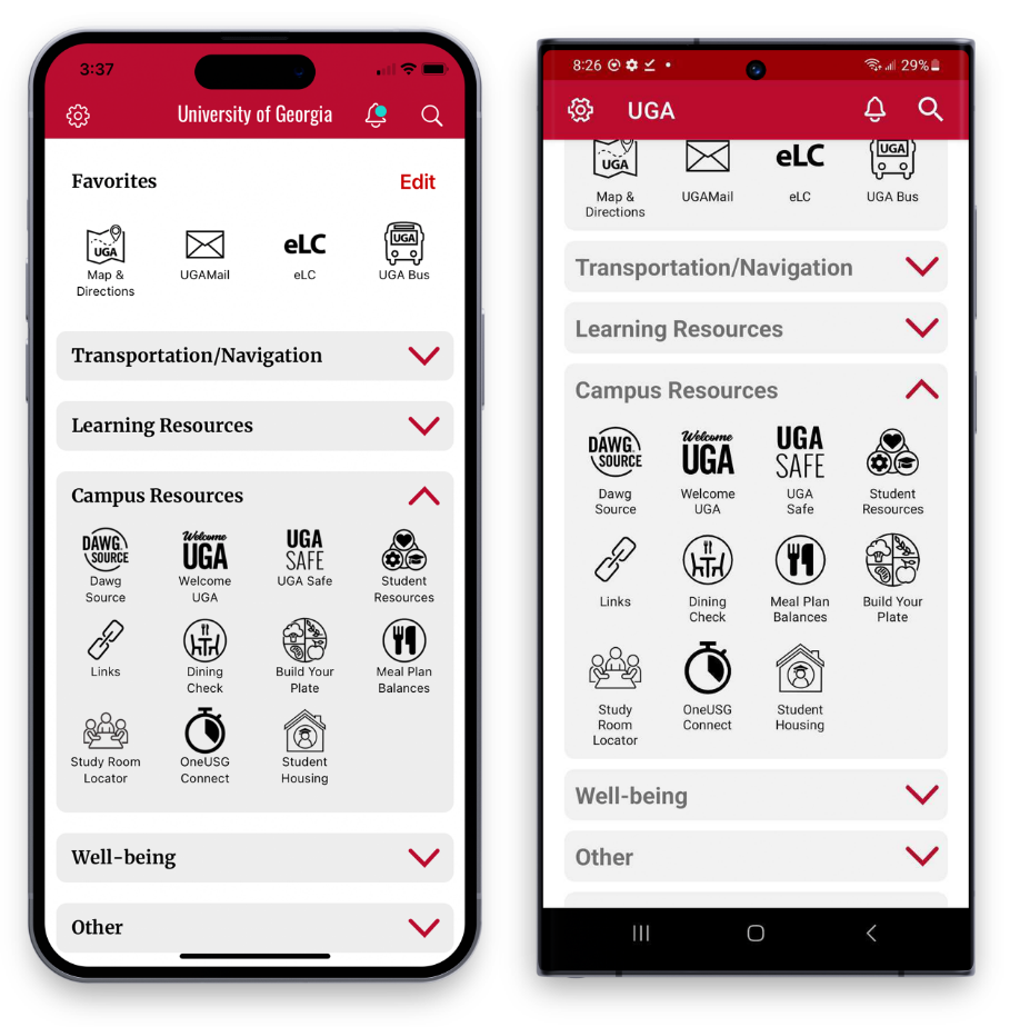 Campus Resources on iOS and Android The UGA Mobile App home screen with the Campus Resources folder open.